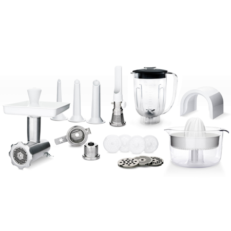 Ankarsrum Deluxe Package accessori Tritatutto 4 dischi forati Ø 2.5 / 4.5 / 6 / 8 mm 3 tubi in plastica per creare insaccati, Ø 10 / 20 / 25 mm Filtro Grattugia 4 dischi per creare diversi tipi di pasta: tagliatelle, bucatini, spaghetti e fettuccine Trafila per biscotti Spremi agrumi Frullatore Para schizzi per tritatutto